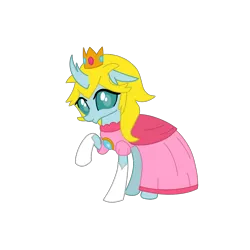 Size: 2100x2100 | Tagged: safe, artist:chanyhuman, derpibooru import, ocellus, changedling, changeling, friendship is magic, clothes, cosplay, costume, crown, dress, female, frown, high res, image, jewelry, nintendo, png, princess peach, princess toadstolle, raised hoof, regalia, simple background, solo, super mario bros., transparent background, vector