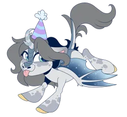 Size: 1800x1650 | Tagged: safe, artist:uunicornicc, derpibooru import, oc, oc:rainstories, hybrid, kirin, winged kirin, bat wings, chibi, female, hat, image, party hat, png, simple background, solo, tongue out, transparent background, wings