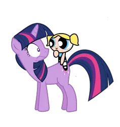 Size: 1120x1180 | Tagged: safe, artist:mlpfan3991, derpibooru import, twilight sparkle, human, pony, unicorn, double rainboom, bubbles (powerpuff girls), cartoon network, exploitable meme, female, humans riding ponies, image, meme, png, riding, same voice actor, simple background, smiling, tara strong, tara strong 50th birthday, the powerpuff girls, transparent background, unicorn twilight, voice actor joke