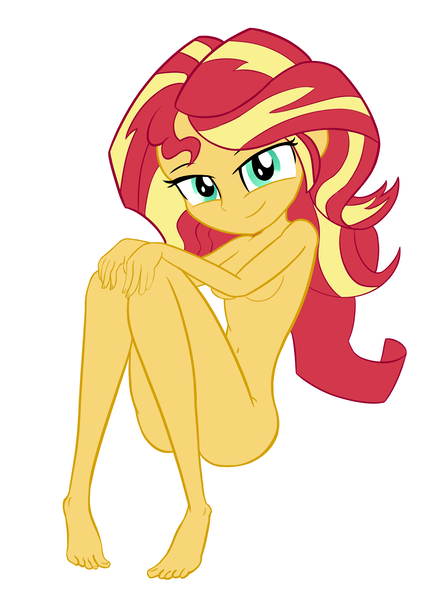 Size: 2216x2976 | Tagged: questionable, artist:calmbreezes, derpibooru import, sunset shimmer, human, equestria girls, ass, belly, belly button, bunset shimmer, butt, concave belly, eyebrows, eyebrows visible through hair, female, high res, image, nudity, png, simple background, slim, smiling, solo, solo female, strategically covered, thin, white background