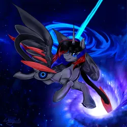 Size: 3000x3000 | Tagged: safe, artist:dankpegasista, derpibooru import, oc, oc:trinity α, alicorn, pony, black hole, blue eyes, detailed background, dynamic pose, evil eyes, flowy mane, full body, galaxy, highlights, hooves, horn, image, male, png, shading, solo, space, spread wings, stars, tentacles, wings