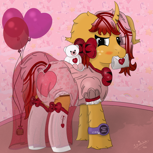 Size: 4000x4000 | Tagged: questionable, artist:spiroudada, derpibooru import, oc, oc:dolly hooves, pony, auction, balloon, blushing, bow, commission, cute, diaper, diaper fetish, fetish, heart, holiday, image, letter, plushie, png, red, ribbon, shy, solo, teddy bear, valentine's day, watch, ych example, your character here