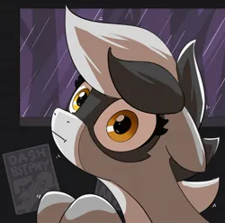 Size: 1478x1463 | Tagged: safe, artist:pabbley, derpibooru import, oc, oc:bandy cyoot, unofficial characters only, hybrid, pony, raccoon, raccoon pony, bust, female, floppy ears, image, jpeg, looking at you, mare, rain, solo, storm