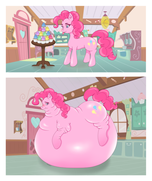 Size: 4419x5266 | Tagged: questionable, artist:aquaeagle, derpibooru import, pinkie pie, earth pony, pony, 2 panel comic, absurd resolution, before and after, belly, belly bed, belly expansion, big belly, bingo wings, blushing, chubby cheeks, comic, crumbs, cupcake, double chin, fat, fat fetish, female, fetish, flabby chest, food, growth, huge belly, image, immobile, impossibly large belly, indoors, looking at you, mare, morbidly obese, neck roll, obese, piggy pie, png, pudgy pie, rolls of fat, smiling, solo, solo female, stuffed, sugarcube corner, table, weight gain