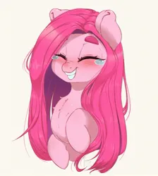 Size: 897x1000 | Tagged: safe, artist:inkypuso, derpibooru import, pinkie pie, earth pony, pony, alternate hairstyle, blushing, bust, crying, eyes closed, female, grin, image, jpeg, mare, portrait, simple background, smiling, solo, straight hair, tears of joy