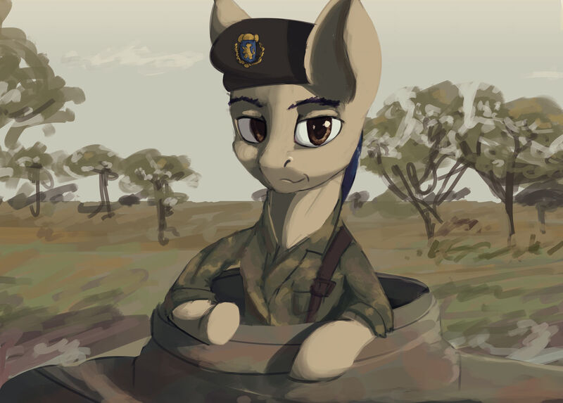 Size: 1280x916 | Tagged: safe, artist:monx94, derpibooru import, oc, unofficial characters only, earth pony, pony, equestria at war mod, earth pony oc, half body, image, jpeg, looking at you, military, nature, savanna, solo, tank (vehicle), tree