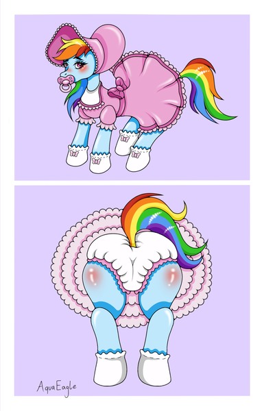 Size: 1315x2048 | Tagged: questionable, artist:aquaeagle, derpibooru import, rainbow dash, pegasus, pony, 2 panel comic, adult foal, bib, blushing, bonnet, booties, bow, butt, butt blush, clothes, comic, diaper, diaper fetish, dress, female, fetish, humiliation, image, jpeg, mare, pacifier, purple background, rainbow dash always dresses in style, rainbutt dash, rear view, simple background, sissy, skirt, solo, solo female, thighs, upskirt