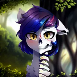 Size: 1536x1536 | Tagged: safe, derpibooru import, editor:mr-bat, machine learning generated, stable diffusion, bat pony, bone, bush, grass, image, jungle, png, pony ears, skeleton, slit pupils, tree, two sides