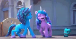 Size: 312x162 | Tagged: safe, derpibooru import, screencap, izzy moonbow, sparky sparkeroni, dragon, pony, unicorn, g5, my little pony: make your mark, my little pony: make your mark chapter 2, spoiler:my little pony: make your mark, spoiler:my little pony: make your mark chapter 2, spoiler:myms01e06, duo, image, jpeg, misty brightdawn, the traditional unicorn sleep-over, trio