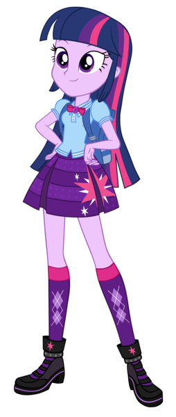 Size: 1228x2904 | Tagged: safe, artist:invisibleink, derpibooru import, twilight sparkle, twilight sparkle (alicorn), alicorn, human, equestria girls, equestria girls series, backpack, bowtie, clothes, crystal necklace, cutie mark, cutie mark on clothes, geode of telekinesis, hand on hip, image, jewelry, magical geodes, necklace, png, shirt, shoes, simple background, skirt, smiling, sneakers, socks, transparent background