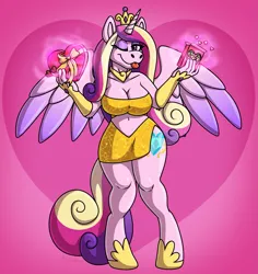 Size: 1867x1974 | Tagged: safe, artist:metallicumbrage, derpibooru import, part of a set, princess cadance, alicorn, anthro, digitigrade anthro, bare midriff, bare shoulders, belly button, breasts, busty princess cadance, candy, cleavage, clothes, crown, cutie mark, dress, evening gloves, eyeshadow, fingerless elbow gloves, fingerless gloves, food, gloves, glow, heart shaped box, holiday, human to anthro, human to pony, image, jewelry, levitation, long gloves, long mane, long tail, looking at you, magic, magic aura, makeup, male to female, necklace, one eye closed, part of a series, pink background, png, regalia, rule 63, short dress, signature, simple background, slit, smiling, solo, sparkles, spread wings, standing, tail, telekinesis, tight clothing, tongue out, transformation, transgender, transgender transformation, valentine's day, wings, wink, winking at you
