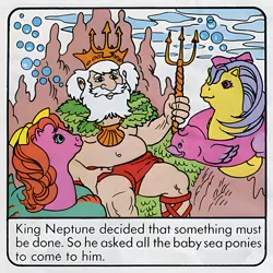 Size: 900x900 | Tagged: artist needed, safe, derpibooru import, backstroke, sea star, human, sea pony, comic:my little pony (g1), baby, baby sea ponies, bow, female, g1, hair bow, image, king neptune, official comic, png, scan, the strange shell, trident, trio, upscaled