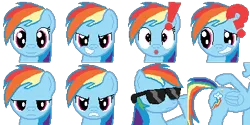 Size: 384x192 | Tagged: safe, artist:scootaloormayfly, derpibooru import, rainbow dash, pegasus, pony, angry, bored, confused, drug use, drugs, exclamation point, female, folded wings, grin, happy, image, looking at you, mare, multeity, multicolored hair, picture for breezies, pixel art, png, question mark, rainbow hair, rpg maker, simple background, smiling, solo, sprite, sprite sheet, steroids, sunglasses, surprised, transparent background, wings