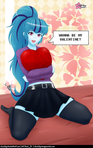 Size: 634x1000 | Tagged: safe, artist:clouddg, derpibooru import, sonata dusk, equestria girls, bronybait, clothes, heart, heart pillow, holiday, hug, image, kneeling, open mouth, pillow, pillow hug, png, skirt, socks, speech bubble, talking to viewer, valentine's day