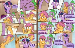 Size: 3900x2500 | Tagged: safe, artist:loverashley, derpibooru import, scootaloo, spike, twilight sparkle, twilight sparkle (alicorn), alicorn, dragon, pegasus, pony, comic, dialogue, fanfic art, female, filly, foal, image, male, mare, png, scootaspike, shipping, straight
