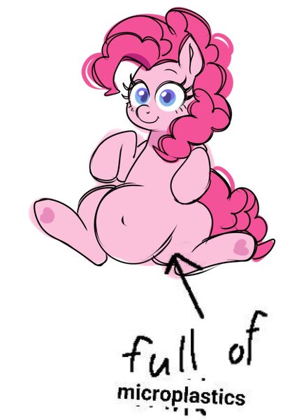 Size: 688x948 | Tagged: safe, artist:moetempura, derpibooru import, pinkie pie, earth pony, pony, belly, belly button, big belly, chubby, colored sketch, female, hoof heart, image, jpeg, looking at you, mare, simple background, sketch, solo, text, underhoof