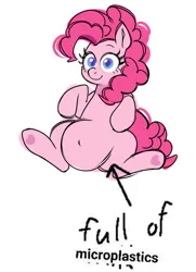 Size: 688x948 | Tagged: safe, artist:moetempura, derpibooru import, pinkie pie, earth pony, pony, belly, belly button, big belly, chubby, colored sketch, female, hoof heart, image, jpeg, looking at you, mare, simple background, sketch, solo, text, underhoof