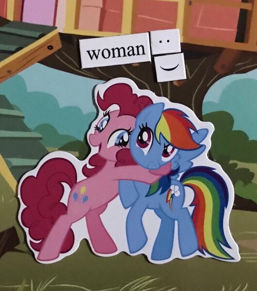 Size: 1604x1820 | Tagged: safe, artist:ponymagnets, derpibooru import, pinkie pie, rainbow dash, earth pony, pegasus, pony, clubhouse, crusaders clubhouse, duo, female, hug, image, implied lesbian, implied pinkiedash, implied shipping, jpeg, magnet, photo, ponymagnets