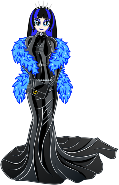 Size: 3716x5743 | Tagged: suggestive, alternate version, artist:severity-gray, derpibooru import, oc, oc:coldlight bluestar, unofficial characters only, human, equestria girls, bag, belt, choker, clothes, eyeshadow, feather boa, hairband, handbag, image, latex, latex dress, lipstick, looking at you, makeup, png, simple background, smiling, smiling at you, solo, tight clothing, transparent background