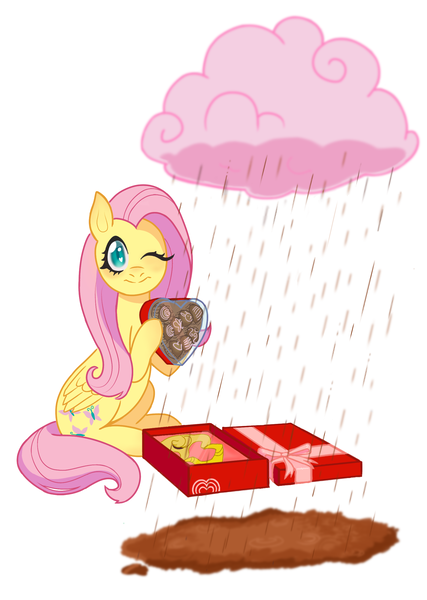 Size: 1679x2361 | Tagged: safe, artist:spring_spring, derpibooru import, fluttershy, box, box of chocolates, chocolate, chocolate milk, chocolate rain, cloud, commission, commissioner:zcord, female, food, heart, heart shaped, hearts and hooves day, holiday, image, implied discord, implied discoshy, implied shipping, implied straight, milk, one eye closed, png, present, rain, sitting, valentine's day, wink