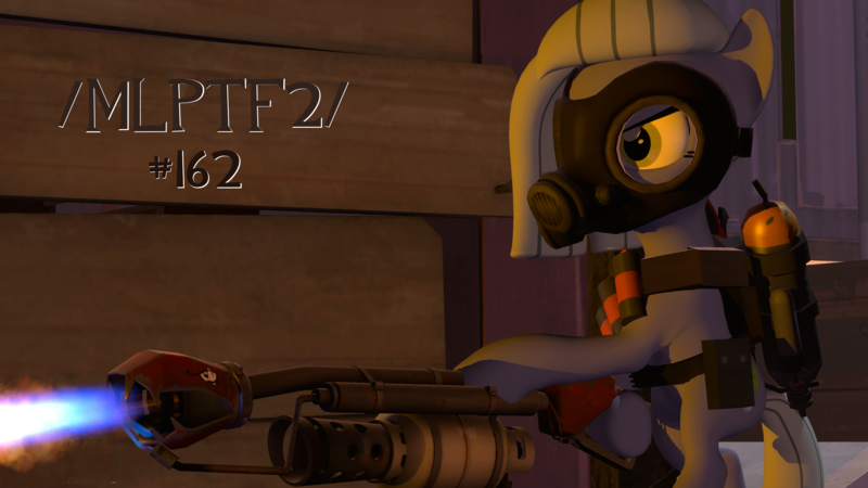 Size: 3072x1728 | Tagged: safe, derpibooru import, limestone pie, /mlp/ tf2 general, 3d, flamethrower, image, png, pyro, source filmmaker, team fortress 2, text, weapon