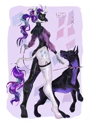 Size: 2480x3508 | Tagged: safe, artist:kisullkaart, derpibooru import, rarity, anthro, doberman, dog, human, unicorn, spoiler:pony life, humanized, image, latex, latex suit, png, purple, simple background, solo