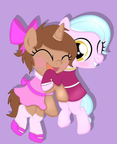 Size: 4700x5800 | Tagged: safe, artist:chip16, derpibooru import, oc, oc:goldy ornament, oc:heroic armour, unofficial characters only, pony, blushing, bow, clothes, colt, crossdressing, dress, fake eyelashes, female, filly, foal, hair bow, happy, hug, image, male, mary janes, png, shoes, socks, thigh highs