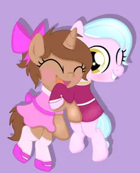 Size: 4700x5800 | Tagged: safe, artist:chip16, derpibooru import, oc, oc:goldy ornament, oc:heroic armour, unofficial characters only, pony, blushing, bow, clothes, colt, crossdressing, dress, fake eyelashes, female, filly, foal, hair bow, happy, hug, image, male, mary janes, png, shoes, socks, thigh highs