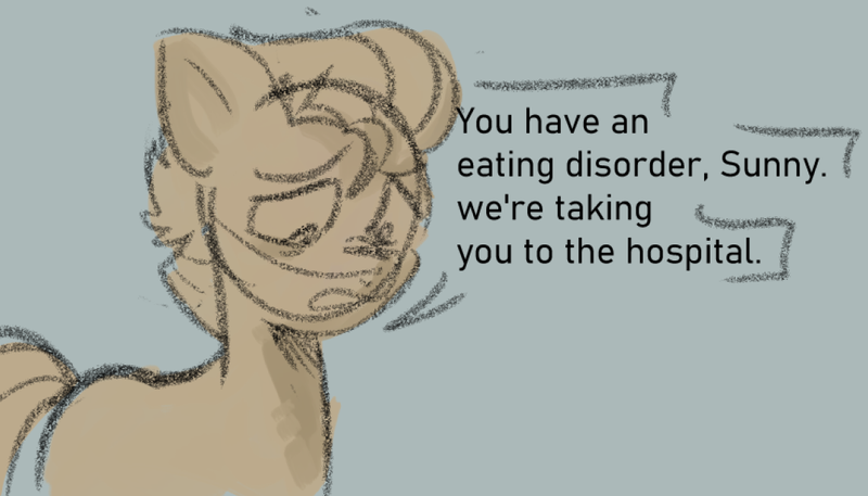 Size: 1139x651 | Tagged: safe, anonymous artist, derpibooru import, part of a set, hitch trailblazer, earth pony, pony, series:anorexic sunny, anorexia, concerned, floppy ears, g5, image, implied sunny starscout, limited palette, looking down, male, offscreen character, open mouth, part of a series, png, shadow, sketch, solo, speech bubble, stallion, standing, talking