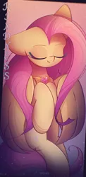 Size: 1055x2160 | Tagged: safe, artist:miryelis, derpibooru import, fluttershy, pegasus, pony, cute, element of kindness, eyes closed, full body, gradient background, image, long hair, one ear down, png, shyabetes, signature, smiling, solo, sparkles, text, wings