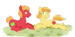 Size: 1280x640 | Tagged: safe, artist:cottonsulk, derpibooru import, big macintosh, braeburn, earth pony, pony, applecest, braemac, cousins, duo, gay, image, incest, looking at each other, looking at someone, male, nudity, png, sheath, shipping, stallion