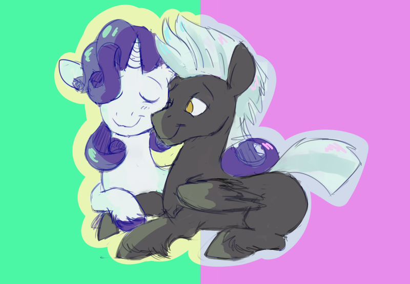 Size: 997x692 | Tagged: safe, artist:cottonsulk, derpibooru import, rarity, thunderlane, pegasus, pony, unicorn, elusive, eyes closed, gay, image, male, png, rule 63, shipping