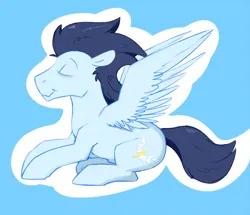 Size: 700x602 | Tagged: safe, artist:cottonsulk, derpibooru import, soarin', pegasus, pony, blue background, cyan background, eyes closed, image, male, nudity, png, sheath, simple background, solo, stallion