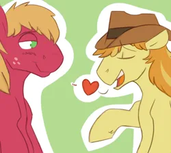 Size: 700x627 | Tagged: safe, artist:cottonsulk, derpibooru import, big macintosh, braeburn, earth pony, pony, applecest, blushing, braemac, duo, eyes closed, gay, green background, hat, heart, image, incest, male, png, shipping, simple background, stallion