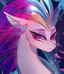 Size: 3049x3500 | Tagged: safe, artist:kefirro7, derpibooru import, queen novo, seapony (g4), my little pony: the movie, absurd resolution, beautiful, bubble, bust, closed mouth, crown, digital art, eyelashes, eyeshadow, female, flowing mane, glow, high res, image, jewelry, lipstick, looking at you, makeup, ocean, png, portrait, purple eyes, purple mane, regalia, scales, seaquestria, signature, solo, throne room, underwater, water