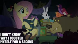 Size: 1920x1080 | Tagged: safe, derpibooru import, edit, edited screencap, editor:quoterific, screencap, angel bunny, fluttershy, harry, scare master, image, png