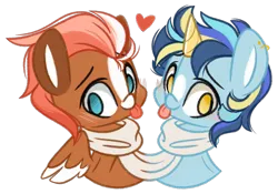 Size: 2449x1711 | Tagged: safe, artist:emberslament, derpibooru import, oc, oc:russet frost, oc:starblaze, unofficial characters only, pegasus, pony, unicorn, chibi, clothes, image, male, png, scarf, shared clothing, shared scarf, simple background, stallion, transparent background