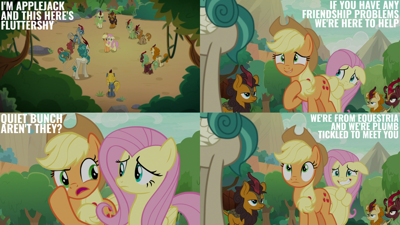 Size: 2000x1125 | Tagged: safe, derpibooru import, edit, edited screencap, editor:quoterific, screencap, applejack, fluttershy, rain shine, earth pony, kirin, pegasus, pony, sounds of silence, applejack's hat, cowboy hat, hat, image, png