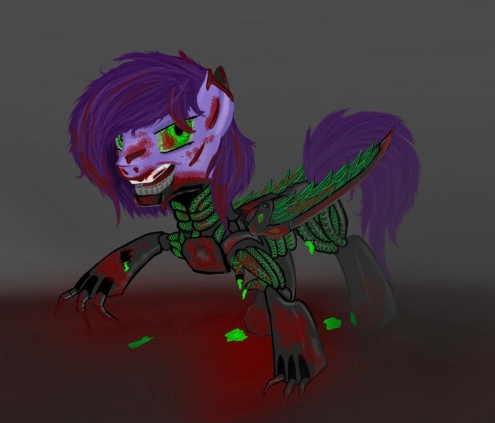 Size: 834x713 | Tagged: semi-grimdark, artist:vldmr07, derpibooru import, oc, oc:dawn, oc:dawn (project horizons), cyber pony, cyborg, pony, fallout equestria, fallout equestria: project horizons, angry, armor, augmented, blood, claws, fanfic art, female, green eyes, image, jpeg, looking at you, mare, nightmare fuel, scary