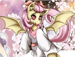 Size: 1024x768 | Tagged: safe, artist:astevenamedwolf, derpibooru import, fluttershy, bat pony, pony, alternate hairstyle, bat ponified, clothes, ear fluff, fangs, female, flutterbat, image, jpeg, mare, race swap, solo, spread wings, tongue out, wings