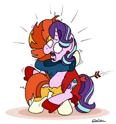 Size: 1812x1926 | Tagged: safe, artist:bobthedalek, derpibooru import, starlight glimmer, sunburst, pony, unicorn, arrow, clothes, dancing, dress, ear piercing, earring, female, heart arrow, hearts and hooves day, high heels, image, jacket, jewelry, male, mare, messy mane, piercing, png, screaming, shipping, shocked, shocked expression, shoes, stallion, starburst, straight