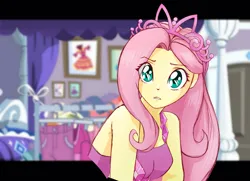 Size: 1024x742 | Tagged: safe, artist:astevenamedwolf, derpibooru import, fluttershy, human, costume conundrum, equestria girls, equestria girls series, spoiler:eqg series (season 2), breasts, clothes, costume, cute, dress, eye clipping through hair, female, image, jewelry, jpeg, looking at you, rarity's bedroom, shyabetes, solo, tiara