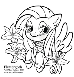 Size: 622x648 | Tagged: safe, artist:marybellamy, derpibooru import, fluttershy, pegasus, bust, commission, flower, fluttergoth, goth, image, jpeg, lightly watermarked, lineart, updated image, watermark, zorilita