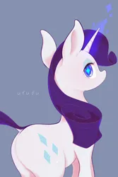 Size: 1370x2048 | Tagged: safe, artist:noupu, derpibooru import, rarity, pony, unicorn, blue background, butt, dock, glow, glowing horn, horn, image, jpeg, looking at you, looking back, looking back at you, plot, rearity, simple background, solo, starry eyes, tail, wingding eyes