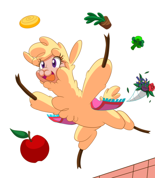 Size: 3145x3618 | Tagged: safe, artist:janji009, derpibooru import, alpaca, them's fightin' herds, apple, bouquet of flowers, broccoli, cinnamon bun, cloven hooves, community related, female, flower, food, image, open mouth, open smile, paprika (tfh), png, potted plant, simple background, smiling, solo, transparent background