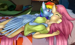 Size: 2025x1228 | Tagged: suggestive, artist:fluffyorbiter, derpibooru import, fluttershy, rainbow dash, anthro, pegasus, pony, bed, bedroom eyes, blushing, bottomless, breast fondling, breast grab, breasts, busty fluttershy, clothes, comfy, couch, cute, daaaaaaaaaaaw, eyes closed, female, flutterdash, fluttershy's cottage, grope, happy, heart, heart eyes, hearts and hooves day, hug, hug from behind, image, kiss on the cheek, kissing, laying on bed, lesbian, lying, lying down, on bed, partial nudity, png, shipping, shirt, smiling, snuggling, strategically covered, t-shirt, wingding eyes, winghug, wings