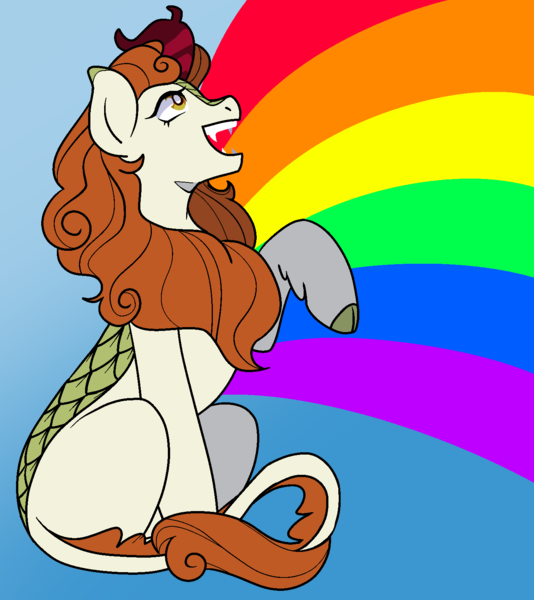 Size: 1400x1572 | Tagged: safe, artist:/d/non, derpibooru import, autumn blaze, kirin, a kirin tale, fangs, image, open mouth, png, rainbow, raised hoof