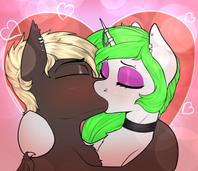 Size: 2625x2270 | Tagged: safe, artist:sketchy knight, derpibooru import, oc, unofficial characters only, bat pony, pony, unicorn, bat wings, blushing, choker, commission, cute, ear piercing, earring, eyes closed, female, holiday, horn, horn jewelry, horn ring, image, jewelry, kiss on the lips, kissing, makeup, male, nose piercing, oc x oc, passionate, piercing, png, ring, shipping, valentine's day, wings, ych result, your character here