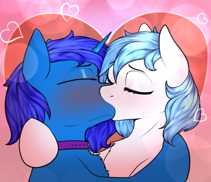 Size: 2625x2270 | Tagged: safe, artist:sketchy knight, derpibooru import, oc, unofficial characters only, pony, unicorn, blushing, choker, collar, commission, cute, dog collar, eyes closed, female, females only, gay, holiday, horn, image, kiss on the lips, kissing, lesbian, lock, male, oc x oc, passionate, png, shipping, valentine's day, ych result, your character here