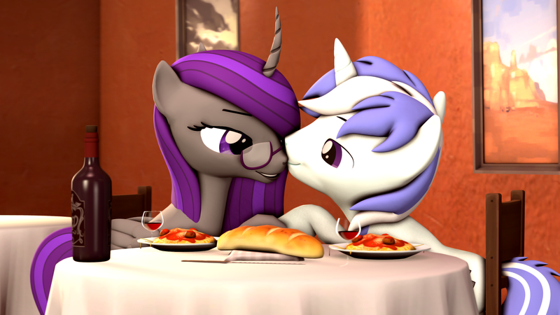 Size: 3840x2160 | Tagged: safe, artist:scratch_wub, derpibooru import, oc, oc:etheria galaxia, oc:scratch wub, unofficial characters only, 3d, alcohol, baguette, bread, dinner, food, holding hooves, holiday, image, kissing, pasta, png, romantic, shipping, source filmmaker, spaghetti, valentine's day, wine